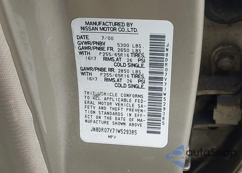 2001 Nissan Pathfinder Le из США, поврежденный, VIN JN8DR07Y71W529385